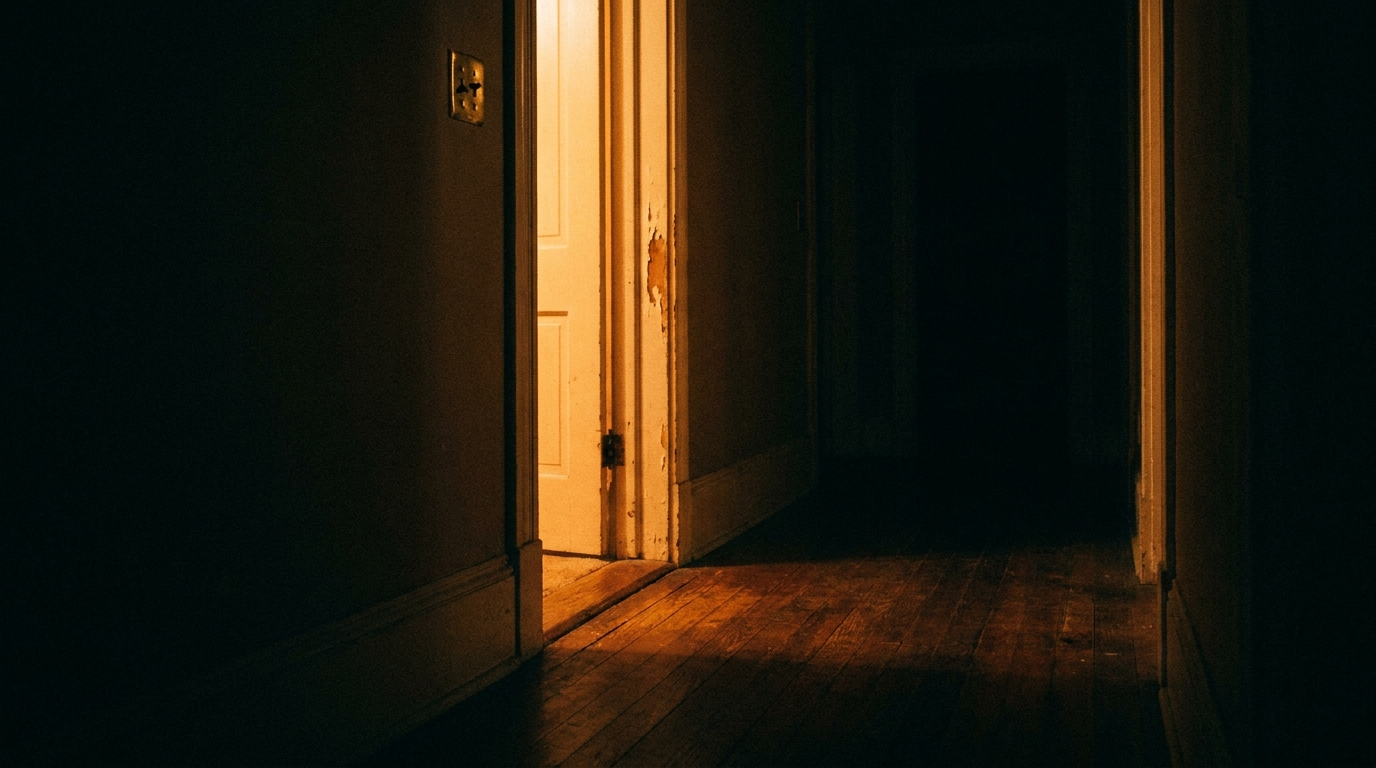 Warm light spilling through a doorway into a dark hallway of an older home at dusk.
