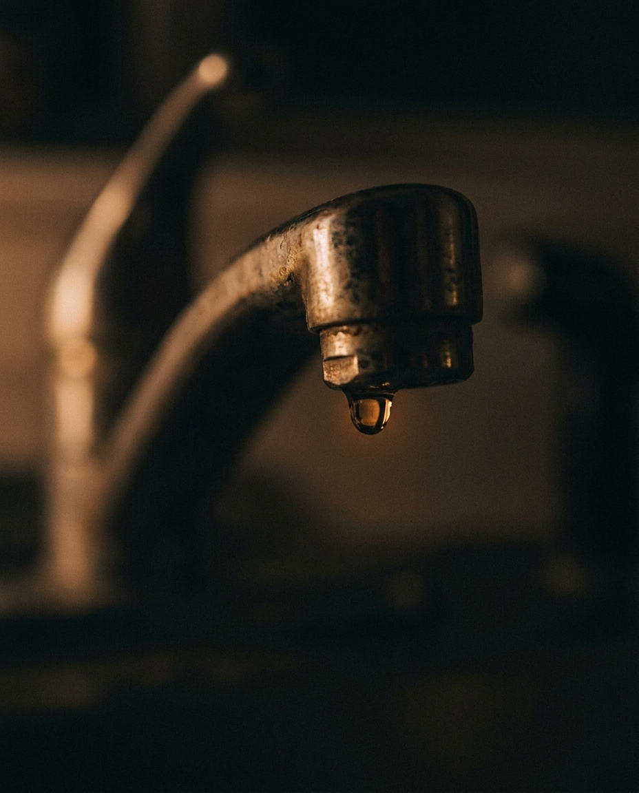 A single water drop hanging from an old brass faucet in a dim kitchen.
