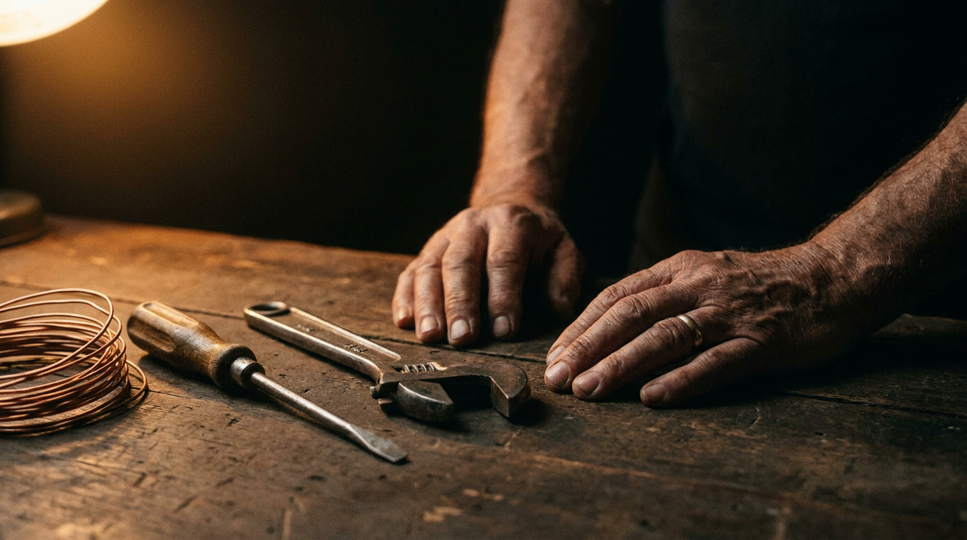 A father's weathered hands resting on a worn workbench beside well-used hand tools, lit by warm tungsten light.