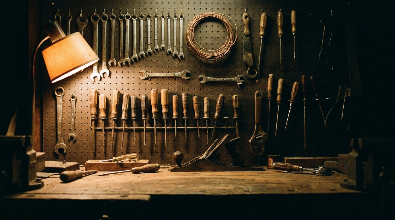 A wall of well-worn hand tools above a scarred workbench, lit warm against deep shadow.